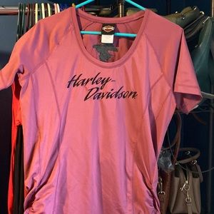 Harley 92% polyester scoop neck shirt. Gathered at sides. Longer type shirt